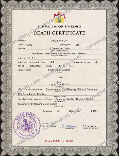 Sweden vital record death certificate PSD template